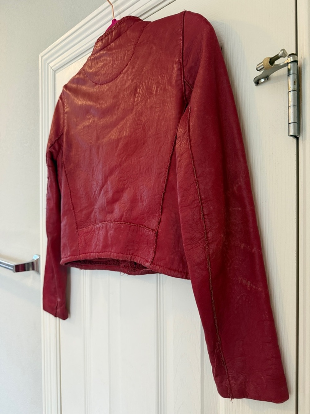 Maje Paris Red “Bonnie” Lamb Leather Moto Jacket with Asymmetrical Zip - Picture 5 of 6
